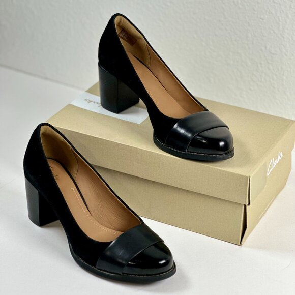 Clarks Artisan Tarah Brae Black Suede Patent Leather Pumps Women’s Size 6.5M - Picture 13 of 16